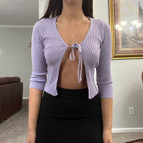 NWOT Purple Open Front Tie Crop Sweater - Picture 2 of 5